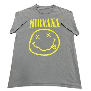 Nirvana Smiley Face T-Shirt Gray Yellow Distressed Grunge Band Tee